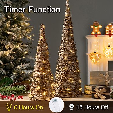 Glitzhome Set of 2 Lighted Rattan Christmas Table Tree Decor with Timer