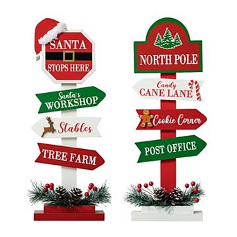Glitzhome Set of 2 Christmas Signpost Table Decor, 16.5”H Wood Freestanding Finger Board Table Sign