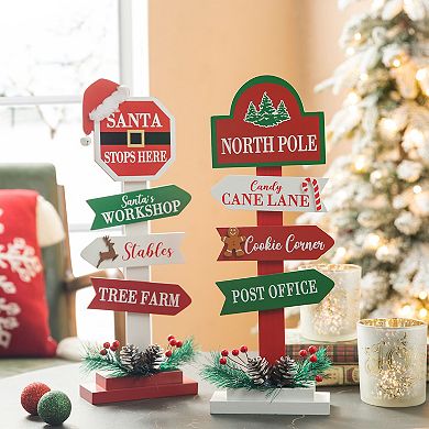 Glitzhome Set of 2 Christmas Signpost Table Decor, 16.5”H Wood Freestanding Finger Board Table Sign