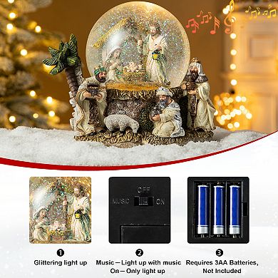 Glitzhome 150mm Lighted Musical Christmas Snow Globe, Holy Nativity Figurines Scene Water Globe