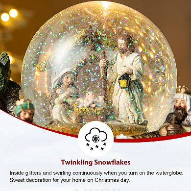 Glitzhome 150mm Lighted Musical Christmas Snow Globe, Holy Nativity Figurines Scene Water Globe