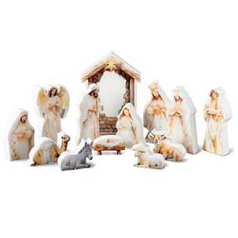 Glitzhome 13 pc Christmas Wooden & Epoxy Resin Nativity Sets & Figures Tabletop Scenes