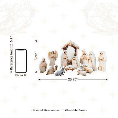Glitzhome 13 PC Christmas Wooden & Epoxy Resin Nativity Sets & Figures Tabletop Scenes