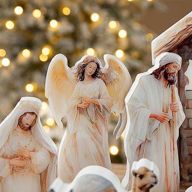 Glitzhome 13 PC Christmas Wooden & Epoxy Resin Nativity Sets & Figures Tabletop Scenes