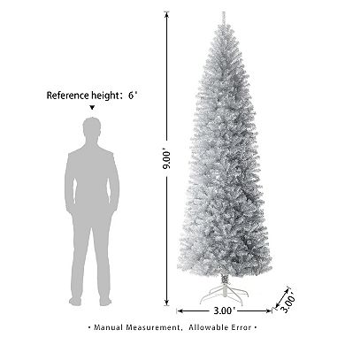 Glitzhome 9ft Pencil Tinsel Artificial Christmas Tree With Metal Foldable Stand
