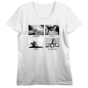 Juniors' Stressed Sleepy Tired Cat Graphic Tee