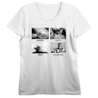 Juniors' Stressed Sleepy Tired Cat Graphic Tee
