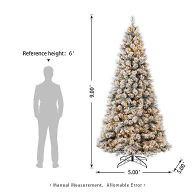 Glitzhome 9ft Pre-Lit Artificial Pine Christmas Tree, Large Snow Flocked Xmas Tree for New Year