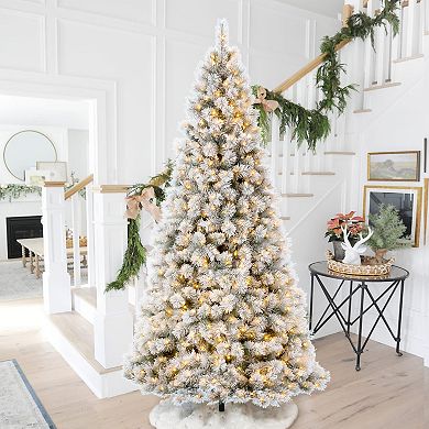 Glitzhome 9ft Pre-Lit Artificial Pine Christmas Tree, Large Snow Flocked Xmas Tree for New Year