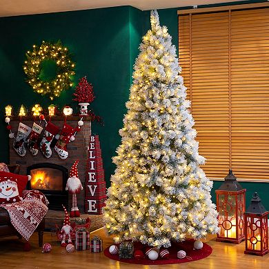 Glitzhome 9ft Pre-Lit Artificial Pine Christmas Tree, Large Snow Flocked Xmas Tree for New Year