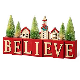 Glitzhome 14" L Christmas House Brush Trees Table Décor, Freestanding Believe Table Block Decor