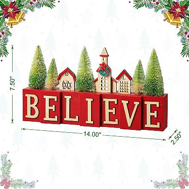 Glitzhome 14" L Christmas House Brush Trees Table Décor, Freestanding Believe Table Block Decor