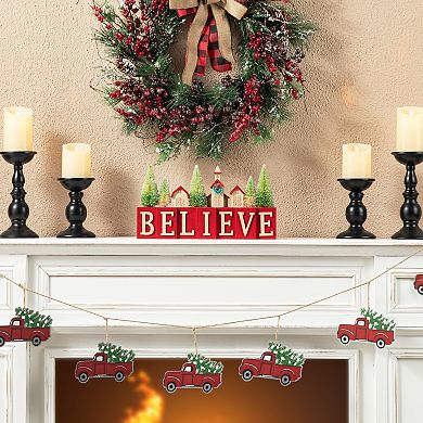 Glitzhome 14" L Christmas House Brush Trees Table Décor, Freestanding Believe Table Block Decor