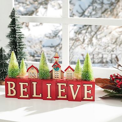 Glitzhome 14" L Christmas House Brush Trees Table Décor, Freestanding Believe Table Block Decor