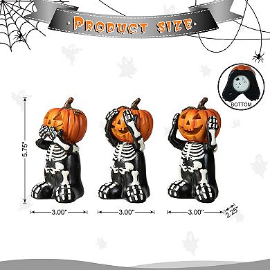 Glitzhome Set Of 3 Resin Skeleton Pumpkin Table Decor, 5.75"h Halloween Tabletop Centerpiece
