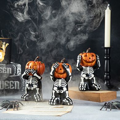 Glitzhome Set Of 3 Resin Skeleton Pumpkin Table Decor, 5.75"h Halloween Tabletop Centerpiece
