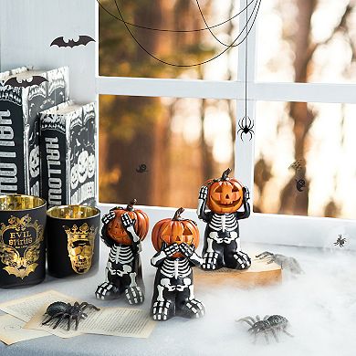 Glitzhome Set Of 3 Resin Skeleton Pumpkin Table Decor, 5.75"h Halloween Tabletop Centerpiece