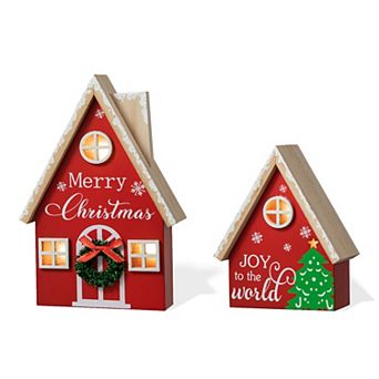 Glitzhome Set of 2 Wooden House-shaped Table Decor, Christmas Lighted Desktop Wood Blocks Signs