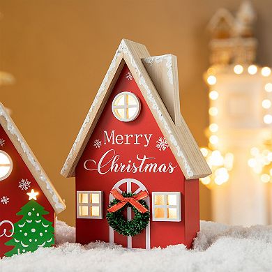 Glitzhome Set of 2 Wooden House-shaped Table Decor, Christmas Lighted Desktop Wood Blocks Signs