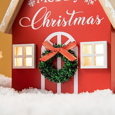 Glitzhome Set of 2 Wooden House-shaped Table Decor, Christmas Lighted Desktop Wood Blocks Signs