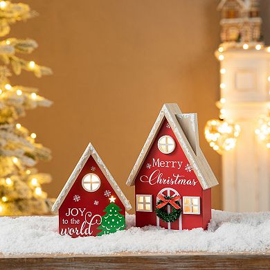 Glitzhome Set of 2 Wooden House-shaped Table Decor, Christmas Lighted Desktop Wood Blocks Signs