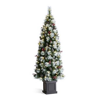 Glitzhome 6ft Pre-lit Greenery Pine Cones And Red Berries Christmas Porch Tree With 200 Leds