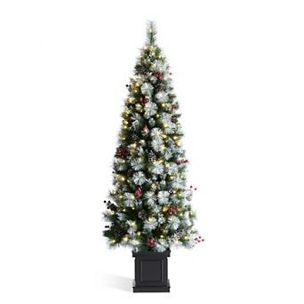 Glitzhome 6ft Pre-lit Greenery Pine Cones And Red Berries Christmas Porch Tree With 200 Leds