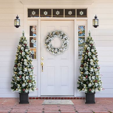 Glitzhome 6ft Pre-lit Greenery Pine Cones And Red Berries Christmas Porch Tree With 200 Leds