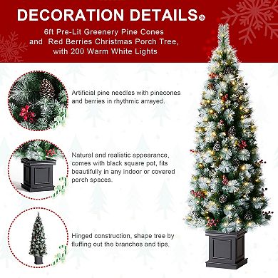 Glitzhome 6ft Pre-lit Greenery Pine Cones And Red Berries Christmas Porch Tree With 200 Leds