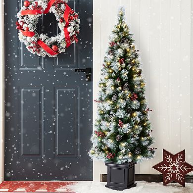 Glitzhome 6ft Pre-lit Greenery Pine Cones And Red Berries Christmas Porch Tree With 200 Leds