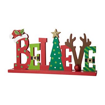 Glitzhome 14”L Wooden Christmas BELIEVE Table Decor, Christmas Tree Santa Hat Table Sign