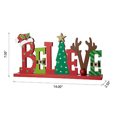 Glitzhome 14”L Wooden Christmas BELIEVE Table Decor, Christmas Tree Santa Hat Table Sign