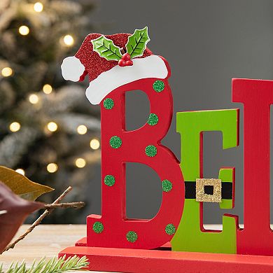 Glitzhome 14”L Wooden Christmas BELIEVE Table Decor, Christmas Tree Santa Hat Table Sign