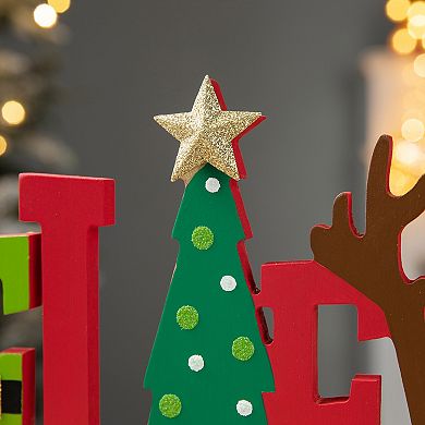 Glitzhome 14”L Wooden Christmas BELIEVE Table Decor, Christmas Tree Santa Hat Table Sign