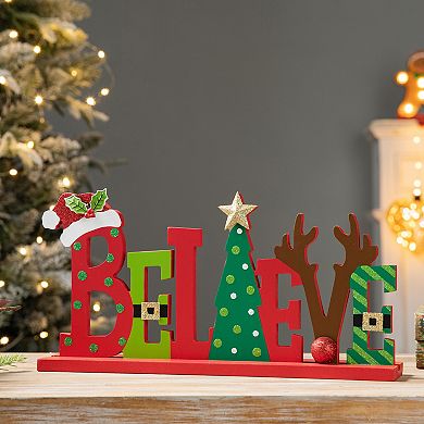 Glitzhome 14”L Wooden Christmas BELIEVE Table Decor, Christmas Tree Santa Hat Table Sign