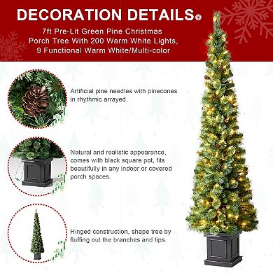Glitzhome 7ft Pre-lit Pine Porch Christmas Tree, Decorative Xmas Tree With 200 Leds, 9 Modes