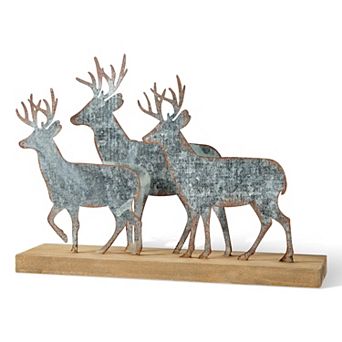 Glitzhome Christmas Reindeer Table Decoration, 12.81 in Metal Reindeer Decor with Wood Base
