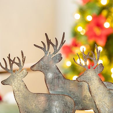 Glitzhome Christmas Reindeer Table Decoration, 12.81 Inches Metal Reindeer Decor with Wood Base