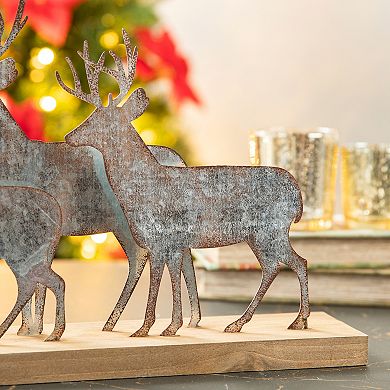 Glitzhome Christmas Reindeer Table Decoration, 12.81 Inches Metal Reindeer Decor with Wood Base