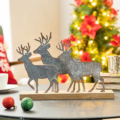 Glitzhome Christmas Reindeer Table Decoration, 12.81 Inches Metal Reindeer Decor with Wood Base