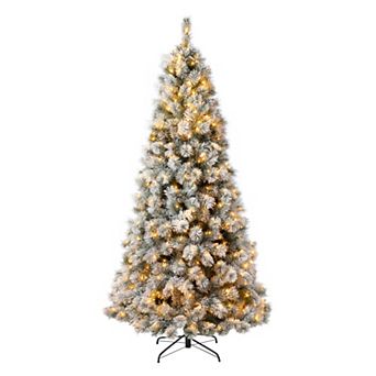 Glitzhome 7.5ft Pre-Lit Artificial Pine Christmas Tree, Snow Flocked Full-size Faux Tree