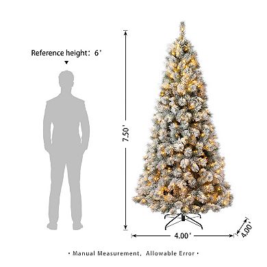Glitzhome 7.5ft Pre-Lit Artificial Pine Christmas Tree, Snow Flocked Full-size Faux Tree