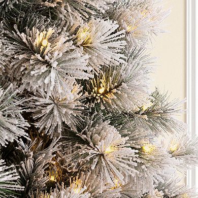 Glitzhome 7.5ft Pre-Lit Artificial Pine Christmas Tree, Snow Flocked Full-size Faux Tree