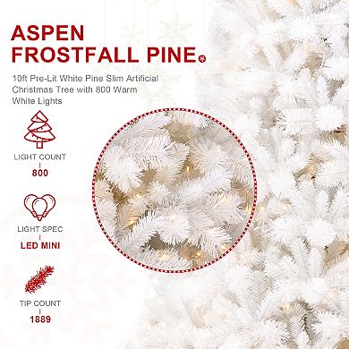 Glitzhome Pre-Lit White Pine Slim Artificial Christmas Tree, 10FT Xmas Decor for Indoor Outdoor