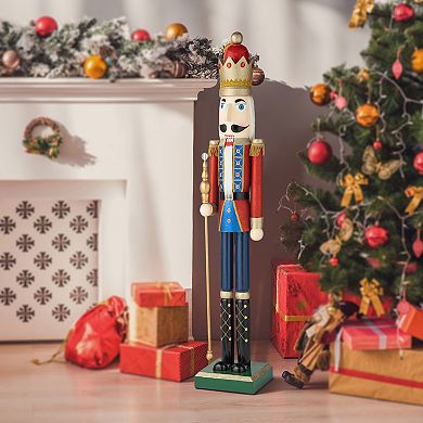 Glitzhome 54"h Glitter King Nutcracker Decor, Wooden Christmas Porch Decor
