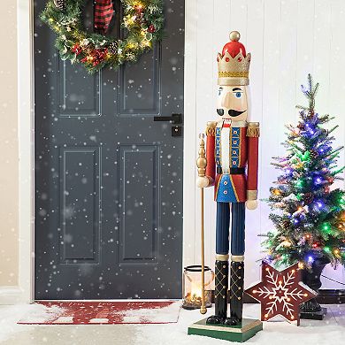 Glitzhome 54"h Glitter King Nutcracker Decor, Wooden Christmas Porch Decor