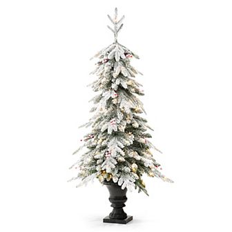 Glitzhome 5ft Artificial Porch Christmas Tree - Pre-lit Flocked Fir Potted Christmas Tree