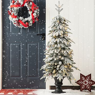 Glitzhome 5ft Artificial Porch Christmas Tree - Pre-lit Flocked Fir Potted Christmas Tree