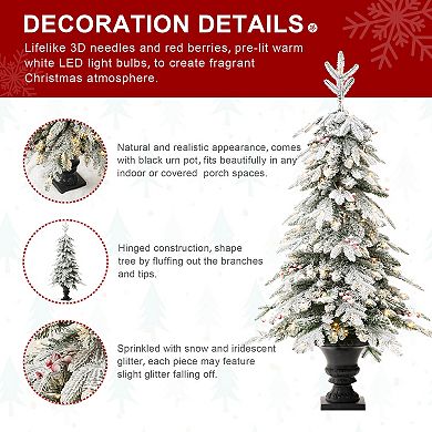 Glitzhome 5ft Artificial Porch Christmas Tree - Pre-lit Flocked Fir Potted Christmas Tree