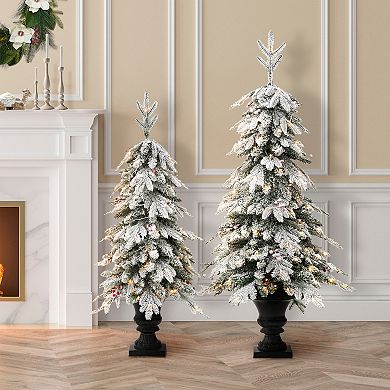 Glitzhome 5ft Artificial Porch Christmas Tree - Pre-lit Flocked Fir Potted Christmas Tree